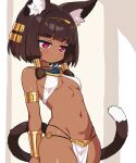  1girl ancient_egyptian ancient_egyptian_clothes animal_ear_fluff animal_ears armlet bangle bare_shoulders blunt_bangs bracelet breasts brown_hair cat_ears cat_tail commentary cowboy_shot dark-skinned_female dark_skin expressionless hair_tubes highres if_you_want_to_become_a_godly_artist_(trend) jewelry jitome navel original red_eyes revealing_clothes shirogane_hakuba short_hair small_breasts solo tail usekh_collar white_loincloth 