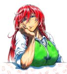  blue_eyes braid breasts chinese_clothes commentary_request hair_between_eyes hat hong_meiling koyubi_(littlefinger1988) large_breasts long_hair red_hair scar shirt simple_background solo tangzhuang touhou translation_request twin_braids white_background white_shirt 