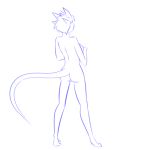  2015 animal_humanoid breasts butt female hair hi_res horn humanoid line_art monster_girl_(genre) rear_view reptile reptile_humanoid scalie short_hair side_boob simple_background sketch solo standing thundragon white_background 