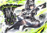  animal_hat axe bangs black_dress black_hair black_hat black_legwear capelet commentary_request dress fur-trimmed_capelet fur_trim grey_capelet hair_between_eyes hat holding holding_axe loafers long_sleeves mamuru original red_eyes shoes solo thighhighs 