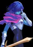  1other absurdres armor black_background black_unitard blue_hair blue_skin breastplate cape chinese_commentary colored_skin commentary cowboy_shot deltarune finger_to_head from_side gauntlets hair_over_eyes highres holding holding_sword holding_weapon kris_(dark_world)_(deltarune) kris_(deltarune) lantern_madoyoi other_focus pink_cape red_eyes short_hair side_cape simple_background solo sword utdr_(toby_fox) weapon 