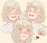  1girl alt_text blonde_hair blush chibi chibi_inset closed_eyes closed_mouth colored_eyelashes commentary_request cropped_shoulders crying crying_with_eyes_open curry curry_rice dungeon_meshi falin_touden falin_touden_(tallman) food hand_up highres looking_ahead multiple_views open_mouth rice sasakura34 shirt short_hair simple_background smile tears teeth upper_teeth_only white_shirt yellow_background yellow_eyes 