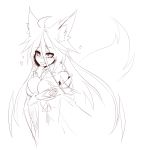  &lt;3 2016 animal_humanoid big_breasts big_tail blush breasts cleavage clothed clothing female fully_clothed hair hi_res humanoid inner_ear_fluff japanese_clothing long_hair looking_at_viewer monochrome monster_girl monster_girl_(genre) monster_girl_encyclopedia raiju simple_background sketch solo standing sub-res teasing tongue tongue_out white_background 