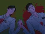  2boys black_eyes black_hair blank_stare blood blood_on_clothes blood_on_face blood_on_hands blood_splatter closed_eyes clothes_writing collared_shirt dark dual_persona facing_up head_tilt highres holding_hands male_focus multiple_boys on_ground pool_of_blood progression runlikehellllll seong_gi-hun shirt short_hair smile squid_game white_shirt 