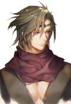  circlet expressionless fire_emblem fire_emblem_if green_hair green_shirt kokutan_kitsunen lips male_focus pectorals purple_eyes purple_scarf scarf shirt simple_background solo suzukaze_(fire_emblem_if) upper_body white_background 