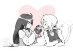  1boy 1girl 1other animal bare_shoulders black_choker blush bodysuit cat_tail chef_hat choker closed_eyes crossed_arms dede_(qwea_00000) final_fantasy final_fantasy_ix garnet_til_alexandros_xvii gloves hat holding holding_animal holding_frog imminent_kiss juliet_sleeves long_hair long_sleeves low-tied_long_hair low_ponytail monochrome parted_bangs ponytail puffy_sleeves quina_quen shirt tail tail_wagging tongue tongue_out upper_body vest white_shirt wrist_cuffs zidane_tribal 