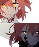  blood blood_on_face bloody_clothes closed_mouth collared_jacket commentary_request crying crying_with_eyes_open face fate/grand_order fate_(series) fujimaru_ritsuka_(female) hair_between_eyes hair_ornament hair_scrunchie hiiragi_fuyuki jacket looking_at_viewer orange_hair scrunchie short_hair solo tears white_jacket wing_collar yellow_eyes yellow_scrunchie 