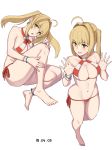  adjusting_clothes adjusting_swimsuit ahoge anklet bangs bare_shoulders barefoot bikini blonde_hair blush bracelet breasts cleavage closed_mouth collarbone criss-cross_halter dated earrings eyebrows_visible_through_hair fate/grand_order fate_(series) feet green_eyes hair_intakes halterneck jewelry knee_to_chest large_breasts long_hair looking_at_viewer looking_to_the_side michihasu navel nero_claudius_(fate)_(all) nero_claudius_(swimsuit_caster)_(fate) open_mouth side-tie_bikini simple_background smile string_bikini striped striped_bikini swimsuit thighs tsurime twintails white_background 