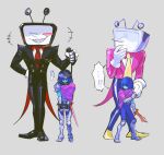  !? +++ ... 1boy 1other ant_tenna armored_boots black_jacket black_pants black_shoes blue_hair blue_skin blush_stickers boots cape coattails colored_skin defernull deltarune gauntlets gloves grin jacket kris_(dark_world)_(deltarune) kris_(deltarune) lantern_madoyoi necktie pants pink_cape pink_jacket red_necktie sharp_teeth shoes side_cape single_blush_sticker smile spoken_ellipsis teeth utdr_(toby_fox) white_gloves yellow_necktie yellow_shoes 