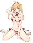  ahoge bangs bare_arms bare_shoulders barefoot bikini blonde_hair bracelet breasts closed_mouth collarbone criss-cross_halter earrings eyebrows_visible_through_hair fate/grand_order fate_(series) green_eyes hair_intakes halterneck jewelry long_hair michihasu navel nero_claudius_(fate)_(all) nero_claudius_(swimsuit_caster)_(fate) red_bikini red_ribbon ribbon side-tie_bikini simple_background smile solo stomach striped striped_bikini swimsuit tsurime twintails white_background 