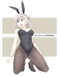  :d alternate_costume animal_ears antenna_hair bare_shoulders black_legwear breasts bunny_ears bunny_girl bunnysuit character_name cleavage detached_collar fake_animal_ears full_body green_eyes grey_hair hair_tie high_heels kantai_collection kinugasa_(kantai_collection) large_breasts leotard looking_to_the_side open_mouth pantyhose smile solo souji v-shaped_eyebrows wrist_cuffs 