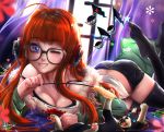  ass bangs black_legwear black_shorts blunt_bangs breasts cat cleavage eyebrows_visible_through_hair fur-trimmed_jacket fur_trim glasses green_jacket headphones highres jacket javier_estrada long_hair long_sleeves looking_at_viewer lying medium_breasts morgana_(persona_5) no_shoes on_side one_eye_closed open_clothes open_jacket orange_hair persona persona_5 purple_eyes sakura_futaba shirt shorts smile solo_focus tank_top teeth thighhighs toes toy ufo 