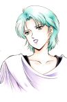  1980s_(style) 1980s_fashion 1girl aqua_eyes aqua_hair commentary_request four_murasame gundam looking_to_the_side open_mouth portrait purple_lips retro_artstyle tongue white_background yumemi_ai zeta_gundam 
