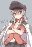  breasts facial_scar gangut_(kantai_collection) gloves grey_background grey_hair hat jacket jacket_on_shoulders kantai_collection looking_at_viewer medium_breasts military military_hat military_jacket military_uniform naval_uniform onomiya peaked_cap red_eyes red_shirt scar scar_on_cheek shirt simple_background solo uniform 