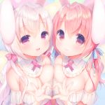  :d animal_ears bangs bare_shoulders blue_bow blush bolo_tie bow breast_squeeze breasts brown_eyes bunny_ears closed_mouth commentary_request dress eyebrows_visible_through_hair fingernails hair_between_eyes hair_bow heart heart_hands heart_hands_duo large_breasts long_hair looking_at_viewer low_twintails multiple_girls off-shoulder_dress off_shoulder open_mouth original pink_bow pink_dress pink_hair red_eyes sakura_(usashiro_mani) silver_hair smile twintails usashiro_mani very_long_hair 