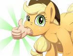  2018 ambiguous_gender applejack_(mlp) blonde_hair cutie_mark digital_media_(artwork) earth_pony equine eyelashes female feral friendship_is_magic green_eyes hair hat horse mammal my_little_pony pony ponythroat reaction_image simple_background thumbs_up vore white_background 