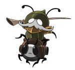  1boy 1other antennae ari_gibson armor black_skin blank_eyes bug colored_skin facial_hair garmond_(hollow_knight) green_helmet helmet highres holding holding_instrument holding_weapon hollow_knight hollow_knight:_silksong instrument long_mustache mustache no_mouth official_art over_shoulder riding transparent_background weapon weapon_over_shoulder white_facial_hair zaza_(hollow_knight) 