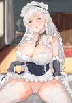  :o apron apron_lift arm_guards ass_visible_through_thighs azur_lane bangs bare_shoulders belfast_(azur_lane) blue_eyes blurry blurry_background blush braid breasts cameltoe carpet chain cleavage collar collarbone corset cupboard curtains day depth_of_field elbow_gloves eyebrows_visible_through_hair foodtoyc french_braid frilled_apron frilled_gloves frills garter_straps gloves half-closed_eyes head_tilt highres indoors large_breasts long_hair maid_headdress open_mouth panties shiny shiny_skin silver_hair sitting solo spread_legs sunlight thighhighs underwear vase very_long_hair white_apron white_gloves white_legwear white_panties 