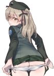  :o ass beret brown_eyes brown_hair cowboy_shot emblem from_behind girls_und_panzer green_skirt hair_ribbon hairband hat highres jacket japanese_tankery_league_(emblem) lips long_hair long_sleeves looking_back military military_uniform one_side_up onsen_tamago_(hs_egg) panties panty_tug pleated_skirt ribbon selection_university_(emblem) selection_university_military_uniform shimada_arisu simple_background skirt solo underwear uniform white_background white_panties 