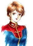  1980s_(style) 1girl 2000 brown_hair commentary_request dated gundam looking_at_viewer military_rank_insignia military_uniform portrait reccoa_londe red_lips retro_artstyle science_fiction signature spoilers titans_(gundam) white_background yumemi_ai zeta_gundam 