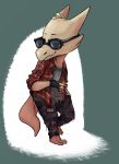  2018 anthro barefoot cigarette clothed clothing eyewear female flannel green_background hand_in_pocket horn_wraps jeans kobold leaning nobby_(artist) open_shirt pants plaid punkbold_(glacierpolish) scalie shirt simple_background smoke solo sunglasses torn_clothing torn_jeans torn_pants torn_shirt 
