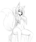  2017 animal_humanoid athletic big_breasts big_tail breasts canine convenient_censorship female fox_humanoid hair hair_covering_breasts hand_behind_head hi_res huge_breasts humanoid inner_ear_fluff long_hair mammal monochrome navel nude raised_arm simple_background sitting sketch slit_pupils solo sub-res thick_thighs voluptuous white_background wide_hips 