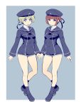  black_legwear black_neckwear blue_eyes brown_eyes brown_hair clothes_writing covered_navel dress full_body hat highres holding_hands kantai_collection kima-gray loafers multiple_girls navy_blue_dress navy_blue_hat neckerchief sailor_dress sailor_hat shoes short_hair silver_hair socks standing symmetry thighs z1_leberecht_maass_(kantai_collection) z3_max_schultz_(kantai_collection) 