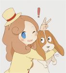  1girl :d animal animal_hug ayu_(mog) blue_eyes blush_stickers bright_pupils brown_hair bunny_ears_prank dog fingernails grey_background hairband hand_up hat katrielle_layton layton's_mystery_journey mini_hat one_eye_closed open_mouth professor_layton sharo signature simple_background smile solo top_hat 