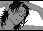  1boy adam's_apple arms_up choso_(jujutsu_kaisen) fingernails greyscale hands_in_own_hair jujutsu_kaisen letterboxed looking_at_viewer male_focus medium_hair monochrome parted_lips portrait simple_background solo teeth tokuseku veins veiny_arms white_background 