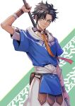 1boy alternate_costume blue_hoodie brown_hair cai_(fire_emblem) cai_(fire_emblem)_(cosplay) claude_von_riegan closed_mouth cosplay dark-skinned_male dark_skin fire_emblem fire_emblem:_fortune's_weave fire_emblem:_three_houses green_eyes holding holding_polearm holding_weapon hood hood_down hoodie male_focus polearm saku_(soreca49) solo two-tone_hoodie upper_body weapon white_hoodie 