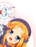  :d abigail_williams_(fate/grand_order) bangs black_bow black_dress black_hat blonde_hair blue_eyes blush bow commentary_request dress dutch_angle eyebrows_visible_through_hair fate/grand_order fate_(series) forehead fou_(fate/grand_order) hair_bow hands_up hat kokujuuji kotori_photobomb long_hair long_sleeves open_mouth orange_bow parted_bangs polka_dot polka_dot_bow purple_eyes sleeves_past_fingers sleeves_past_wrists smile 