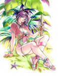  1girl breasts butterfly_ornament cleavage green_one-piece_swimsuit hair_ribbon highres large_breasts long_hair looking_at_viewer marvel marvel_rivals official_alternate_costume one-piece_swimsuit ponytail psylocke psylocke_(breezy_butterfly) purple_hair ribbon sao_(saowee) solo swimsuit sword weapon x-men 