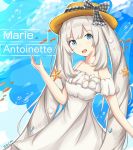  :d artist_name bangs bare_shoulders blue_eyes blush bow breasts brown_hat character_name cleavage commentary dress eyebrows_visible_through_hair fate/grand_order fate_(series) grey_bow grey_ribbon hand_up hat hat_bow hat_ribbon head_tilt long_hair looking_at_viewer marie_antoinette_(fate/grand_order) marie_antoinette_(swimsuit_caster)_(fate) off-shoulder_dress off_shoulder open_mouth plaid plaid_bow plaid_ribbon ribbon rocm_(nkkf3785) seashell_hair_ornament sidelocks silver_hair small_breasts smile solo starfish_hair_ornament sundress twintails very_long_hair white_dress 