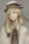  black_neckwear blonde_hair closed_mouth commentary_request eyebrows_visible_through_hair hair_ornament hair_over_shoulder hairclip hat highres long_hair looking_at_viewer marumoru original solo upper_body yellow_eyes 