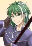  armor blush fire_emblem fire_emblem:_rekka_no_ken gloves green_eyes green_hair heath highres kakiko210 long_hair male_focus multicolored_hair polearm simple_background solo spear two-tone_hair weapon white_hair yellow_background 