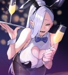  1girl absurdres alcohol animal_ears bare_shoulders black_leotard blue_lips blush bow bowtie breasts brown_pantyhose champagne champagne_flute cleavage cleavage_cutout clothing_cutout collared_leotard commentary_request cup drinking_glass eyeliner fake_animal_ears fate/grand_order fate_(series) hair_over_one_eye highres hiyayaako large_breasts leotard long_hair looking_at_viewer makeup mrs._snake_(fate) multicolored_leotard open_mouth pantyhose playboy_bunny ponytail rabbit_ears smile solo tray two-tone_leotard waitress white_hair white_leotard wine wrist_cuffs yellow_eyes 