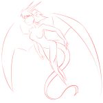  2015 animal_humanoid breasts butt dragon_humanoid featureless_breasts female flying hair hi_res horn humanoid line_art membranous_wings monochrome monster_girl_(genre) nude scalie short_hair simple_background sketch solo spread_wings thundragon white_background wings 
