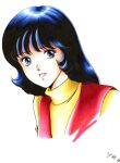  1980s_(style) 1girl 2000 black_eyes black_hair commentary_request dated fa_yuiry gundam looking_at_viewer open_mouth retro_artstyle signature tongue white_background yumemi_ai zeta_gundam 