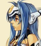 antenna_hair bare_shoulders blue_hair closed_mouth expressionless from_side hair_between_eyes hankuri headgear kos-mos long_hair profile red_eyes robot_ears simple_background solo xenosaga yellow_background 