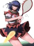  1girl adapted_costume ball black_skirt blush breasts commentary_request commission eye20806972 highres holding holding_racket large_breasts leaf legs looking_at_viewer open_mouth purple_hair racket red_eyes red_skirt short_hair simple_background skeb_commission skirt solo sportswear tennis_ball tennis_racket tennis_uniform touhou white_background yasaka_kanako zipper 