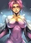  breasts cape closed_mouth covered_navel covered_nipples earrings ghost_in_the_shell ghost_in_the_shell_stand_alone_complex hankuri jewelry kusanagi_motoko large_breasts leotard looking_at_viewer pink_eyes pink_hair purple_leotard short_hair solo upper_body white_cape 
