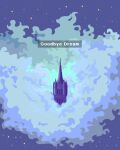  above_clouds blue_theme building castle cloud english_text fading highres limited_palette no_humans onlypixeeels original pixel_art sky spire star_(sky) starry_sky 