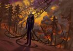  1other black_coat black_necktie black_suit black_vest burning coat collared_shirt creepypasta deftnm embers faceless falling forest full_body highres nature necktie outdoors radio_tower scenery shadow shirt slender_man smoke solo standing suit tentacles vest white_shirt 
