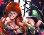  ass bangs black_legwear black_shorts blunt_bangs breasts cat cat_teaser cleavage commentary eyebrows_visible_through_hair fur-trimmed_jacket fur_trim glasses green_jacket headphones highres jacket javier_estrada long_hair long_sleeves looking_at_viewer lying medium_breasts morgana_(persona_5) no_shoes on_side one_eye_closed open_clothes open_jacket orange_hair persona persona_5 purple_eyes sakura_futaba shirt shorts smile solo_focus tank_top teeth thighhighs toes toy ufo 