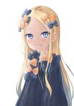  abigail_williams_(fate/grand_order) bangs black_bow black_dress blonde_hair blue_eyes blush bow closed_mouth dress eyebrows_visible_through_hair fate/grand_order fate_(series) forehead hair_bow highres long_hair long_sleeves no_hat no_headwear orange_bow parted_bangs polka_dot polka_dot_bow senagawa_roro simple_background sleeves_past_fingers sleeves_past_wrists smile solo very_long_hair white_background 