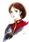  1980s_(style) 1girl 2000 brown_hair commentary_request dated emma_sheen green_eyes gundam looking_at_viewer military_rank_insignia military_uniform portrait red_lips retro_artstyle science_fiction signature titans_(gundam) white_background yumemi_ai zeta_gundam 