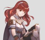  brown_eyes celica_(fire_emblem) fingerless_gloves fire_emblem fire_emblem_echoes:_mou_hitori_no_eiyuuou fire_emblem_gaiden gloves grey_background kyufe long_hair looking_at_viewer red_hair simple_background smile thighhighs 