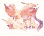  1girl 1other animal_ear_fluff animal_ears black_fur blonde_hair blue_eyes breasts broom delphox eyewear_on_headwear fire floating floating_object fox fox_ears furry hat long_hair mega_delphox mega_pokemon mega_ring multicolored_fur open_mouth parted_lips pink_hat pokemon pokemon_(creature) pokemon_legends:_z-a pokemon_xy red_eyes red_fur red_hat red_nose ryokuno_green serena_(pokemon) shirt sleeveless sleeveless_shirt snout sunglasses upper_body white_fur yellow_fur 