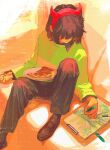  1other black_pants black_shirt black_shoes brown_hair chinese_commentary clipboard collared_shirt commentary crayon deltarune drawing_(action) drawing_(object) fake_horns food green_sweater hair_over_eyes hairband highres holding holding_crayon horn_hairband horns knee_up kris_(deltarune) lantern_madoyoi loafers long_sleeves other_focus pants pie pie_slice plate red_hairband red_horns shirt shoes short_hair single_horizontal_stripe sitting striped_clothes striped_sweater sweater utdr_(toby_fox) 