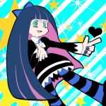  :d aqua_eyes bangs black_dress blue_bow blue_hair blue_legwear blue_nails blunt_bangs bow bright_pupils chihiro_(gloomyram) diagonal-striped_background diagonal_stripes dress dutch_angle feet_out_of_frame gothic green_eyes hair_bow heart index_finger_raised long_hair long_sleeves looking_to_the_side nail_polish official_style open_mouth outstretched_arms pale_skin panty_&amp;_stocking_with_garterbelt pantyhose pink_hair pointing_finger pointing_to_the_side purple_hair purple_nails smile star starry_background stocking_(psg) straight_hair striped striped_background striped_legwear thighhighs very_long_hair 